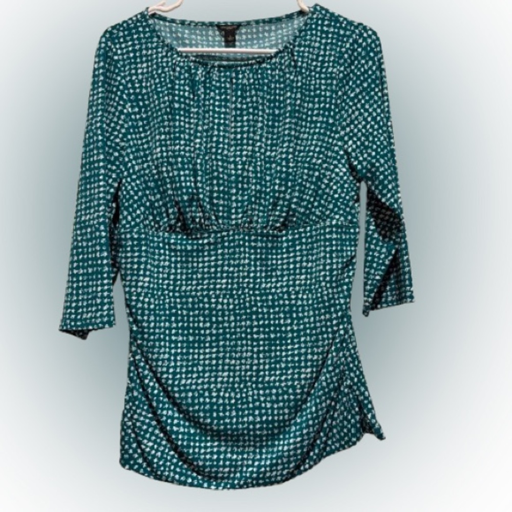 Ann Taylor Teal and White Printed 3/4 Sleeve Top